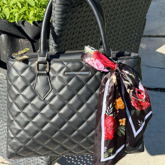 ALDO Black Quilted Shoulder Bag with Floral Scarf - Picture 6 of 14